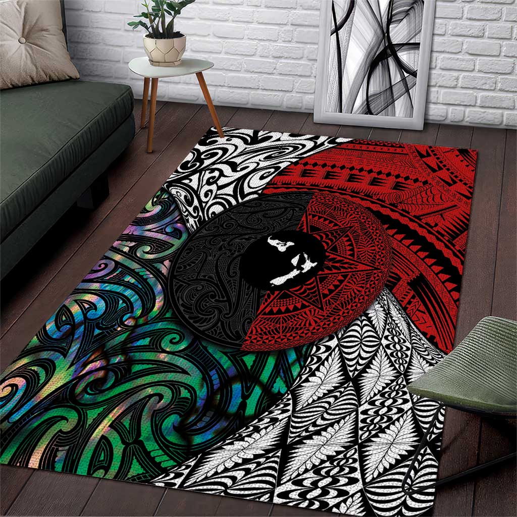 Tonga and New Zealand Together Area Rug Tongan Kupesi Ngatu Tattoo and Maori Paua Shell Pattern LT03 Black - Polynesian Pride