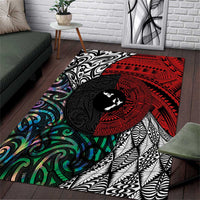 Tonga and New Zealand Together Area Rug Tongan Kupesi Ngatu Tattoo and Maori Paua Shell Pattern LT03 Black - Polynesian Pride