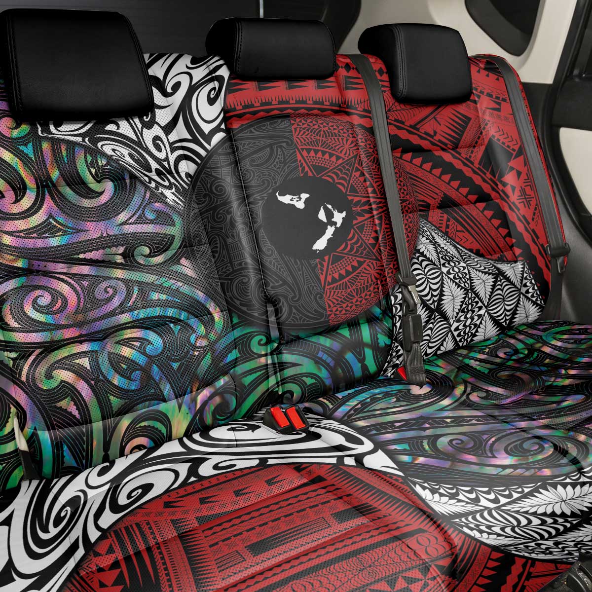 Tonga and New Zealand Together Back Car Seat Cover Tongan Kupesi Ngatu Tattoo and Maori Paua Shell Pattern LT03 - Polynesian Pride