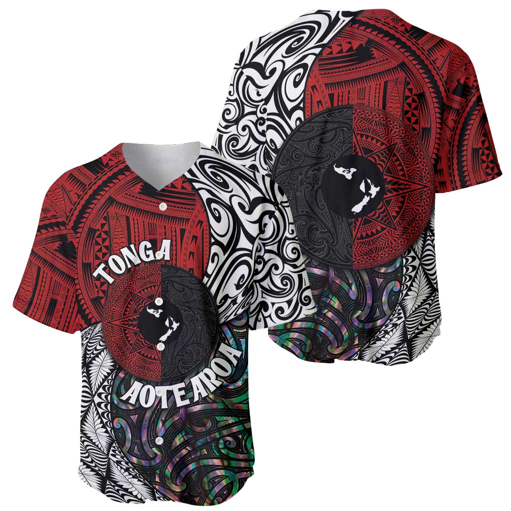 Tonga and New Zealand Together Baseball Jersey Tongan Kupesi Ngatu Tattoo and Maori Paua Shell Pattern LT03 - Polynesian Pride