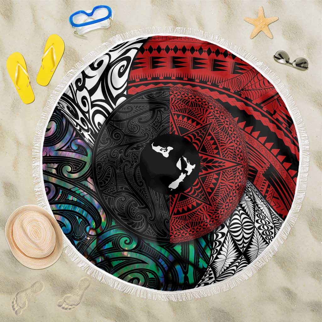 Tonga and New Zealand Together Beach Blanket Tongan Kupesi Ngatu Tattoo and Maori Paua Shell Pattern LT03 One Size 150cm Black - Polynesian Pride