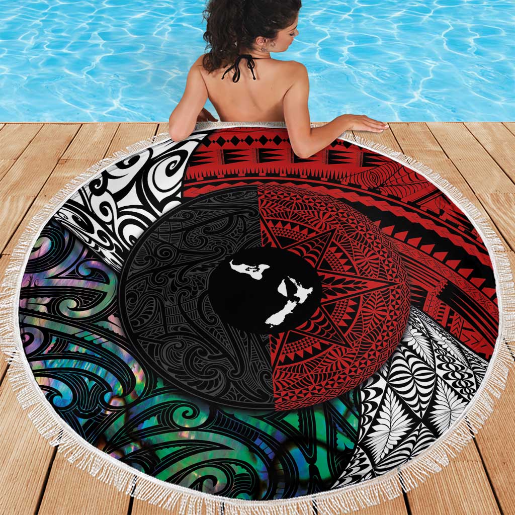 Tonga and New Zealand Together Beach Blanket Tongan Kupesi Ngatu Tattoo and Maori Paua Shell Pattern LT03 - Polynesian Pride
