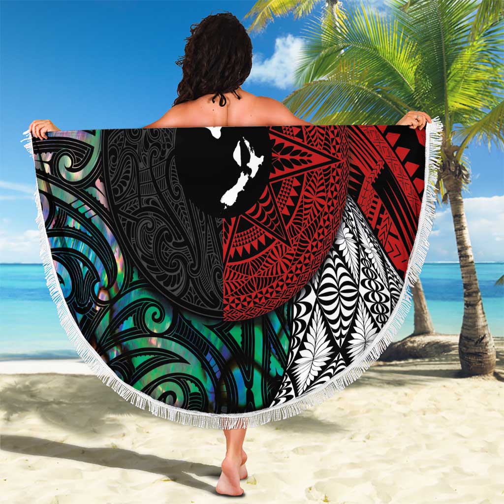 Tonga and New Zealand Together Beach Blanket Tongan Kupesi Ngatu Tattoo and Maori Paua Shell Pattern LT03 - Polynesian Pride