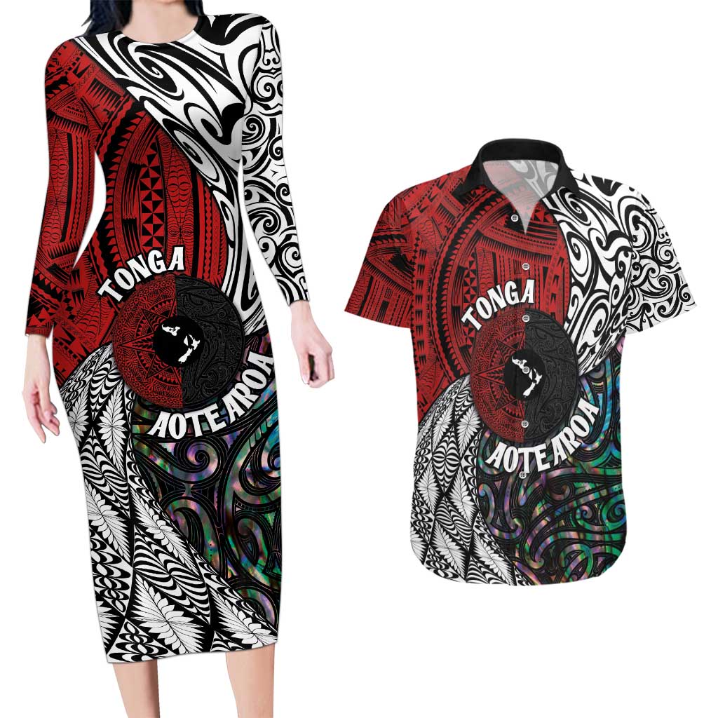 Tonga and New Zealand Together Couples Matching Long Sleeve Bodycon Dress and Hawaiian Shirt Tongan Kupesi Ngatu Tattoo and Maori Paua Shell Pattern LT03 Black - Polynesian Pride
