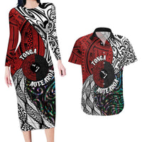 Tonga and New Zealand Together Couples Matching Long Sleeve Bodycon Dress and Hawaiian Shirt Tongan Kupesi Ngatu Tattoo and Maori Paua Shell Pattern LT03 Black - Polynesian Pride