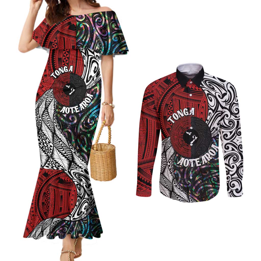Tonga and New Zealand Together Couples Matching Mermaid Dress and Long Sleeve Button Shirt Tongan Kupesi Ngatu Tattoo and Maori Paua Shell Pattern LT03 Black - Polynesian Pride