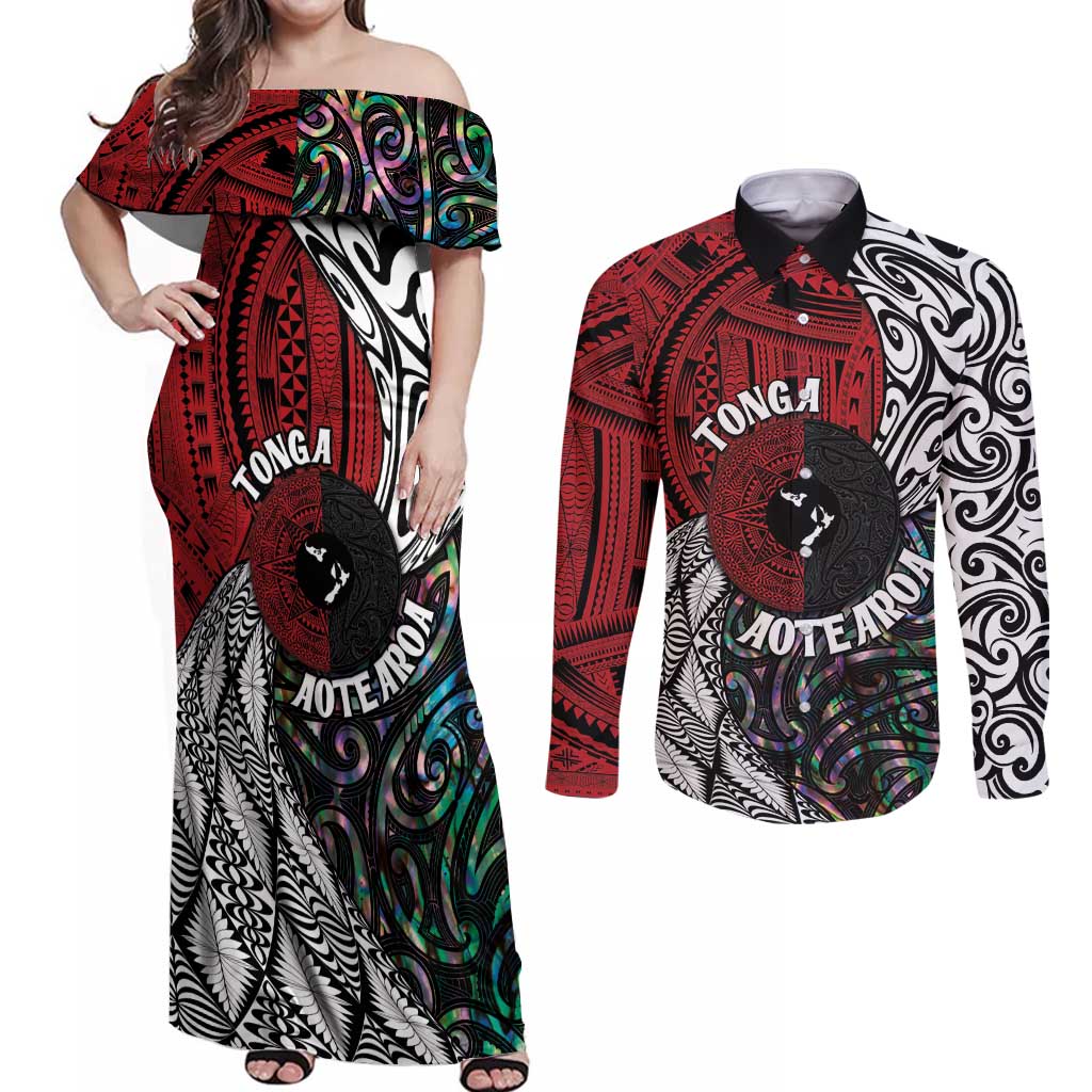 Tonga and New Zealand Together Couples Matching Off Shoulder Maxi Dress and Long Sleeve Button Shirt Tongan Kupesi Ngatu Tattoo and Maori Paua Shell Pattern LT03 Black - Polynesian Pride