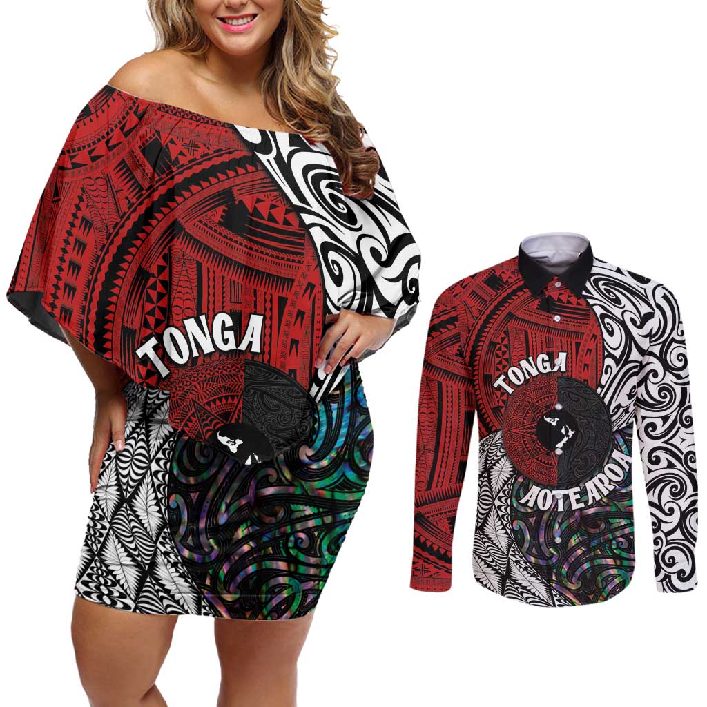 Tonga and New Zealand Together Couples Matching Off Shoulder Short Dress and Long Sleeve Button Shirt Tongan Kupesi Ngatu Tattoo and Maori Paua Shell Pattern LT03 Black - Polynesian Pride