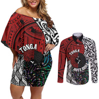 Tonga and New Zealand Together Couples Matching Off Shoulder Short Dress and Long Sleeve Button Shirt Tongan Kupesi Ngatu Tattoo and Maori Paua Shell Pattern LT03 Black - Polynesian Pride