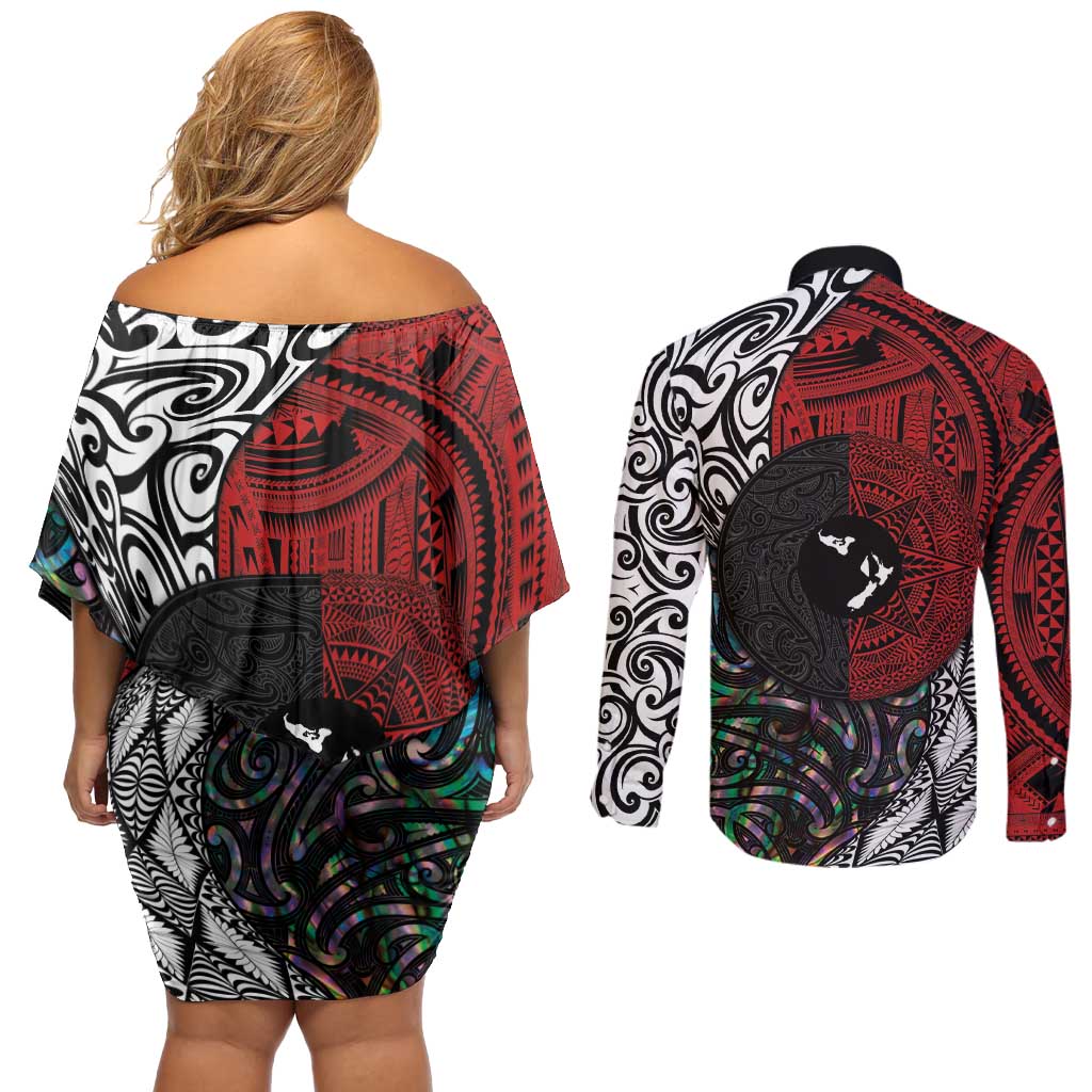 Tonga and New Zealand Together Couples Matching Off Shoulder Short Dress and Long Sleeve Button Shirt Tongan Kupesi Ngatu Tattoo and Maori Paua Shell Pattern LT03 - Polynesian Pride