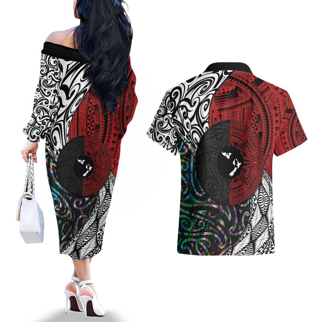 Tonga and New Zealand Together Couples Matching Off The Shoulder Long Sleeve Dress and Hawaiian Shirt Tongan Kupesi Ngatu Tattoo and Maori Paua Shell Pattern LT03 - Polynesian Pride