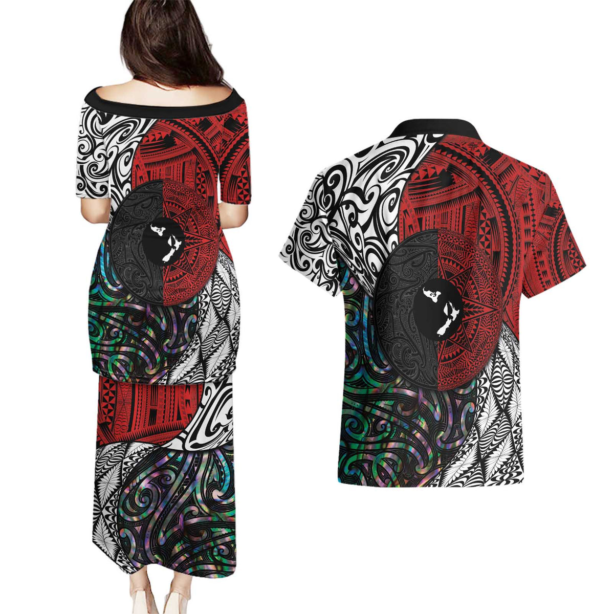 Tonga and New Zealand Together Couples Matching Puletasi and Hawaiian Shirt Tongan Kupesi Ngatu Tattoo and Maori Paua Shell Pattern LT03 - Polynesian Pride