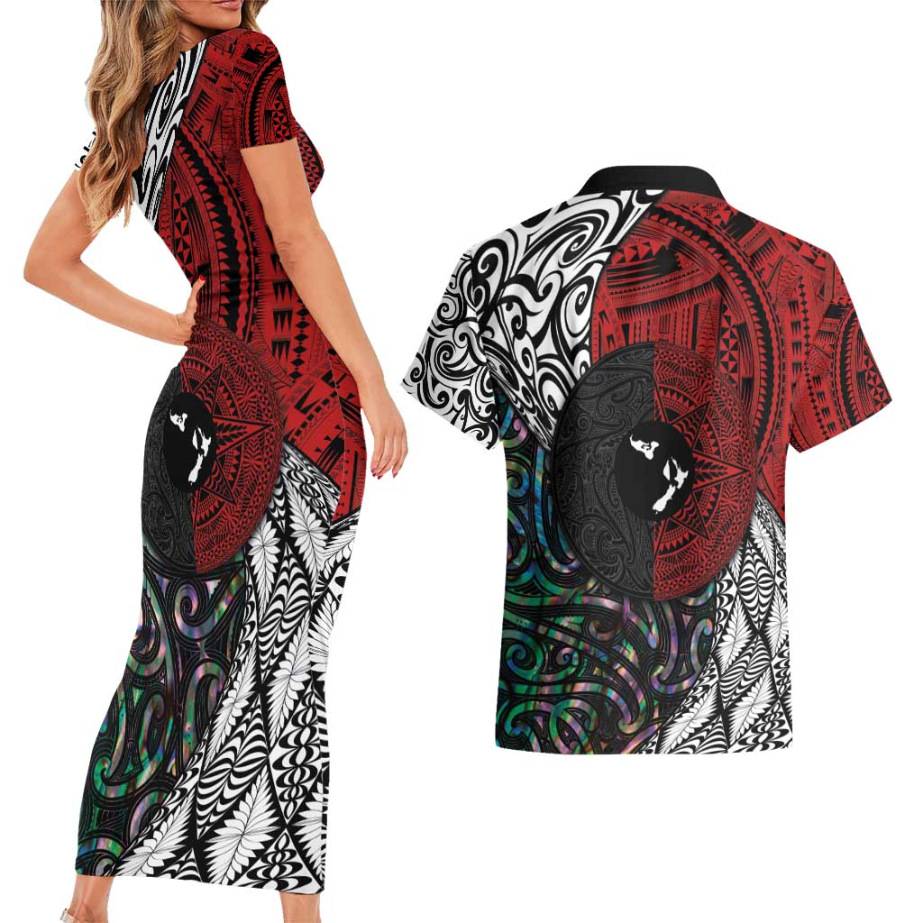 Tonga and New Zealand Together Couples Matching Short Sleeve Bodycon Dress and Hawaiian Shirt Tongan Kupesi Ngatu Tattoo and Maori Paua Shell Pattern LT03 - Polynesian Pride