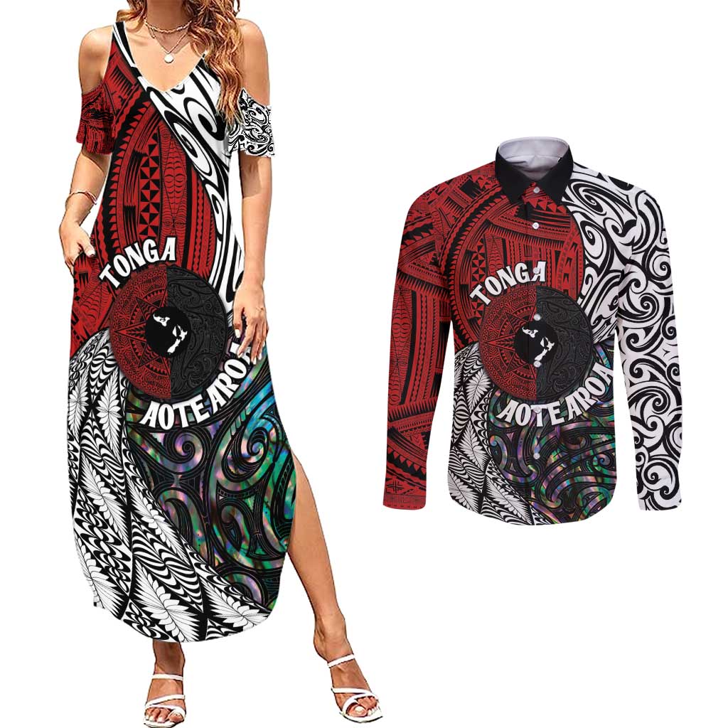 Tonga and New Zealand Together Couples Matching Summer Maxi Dress and Long Sleeve Button Shirt Tongan Kupesi Ngatu Tattoo and Maori Paua Shell Pattern LT03 Black - Polynesian Pride