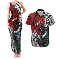 Tonga and New Zealand Together Couples Matching Tank Maxi Dress and Hawaiian Shirt Tongan Kupesi Ngatu Tattoo and Maori Paua Shell Pattern LT03 Black - Polynesian Pride