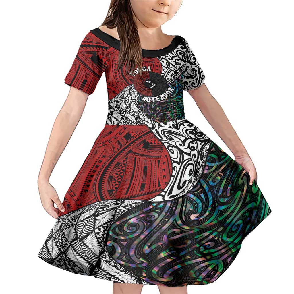 Tonga and New Zealand Together Family Matching Mermaid Dress and Hawaiian Shirt Tongan Kupesi Ngatu Tattoo and Maori Paua Shell Pattern LT03 Daughter's Dress Black - Polynesian Pride