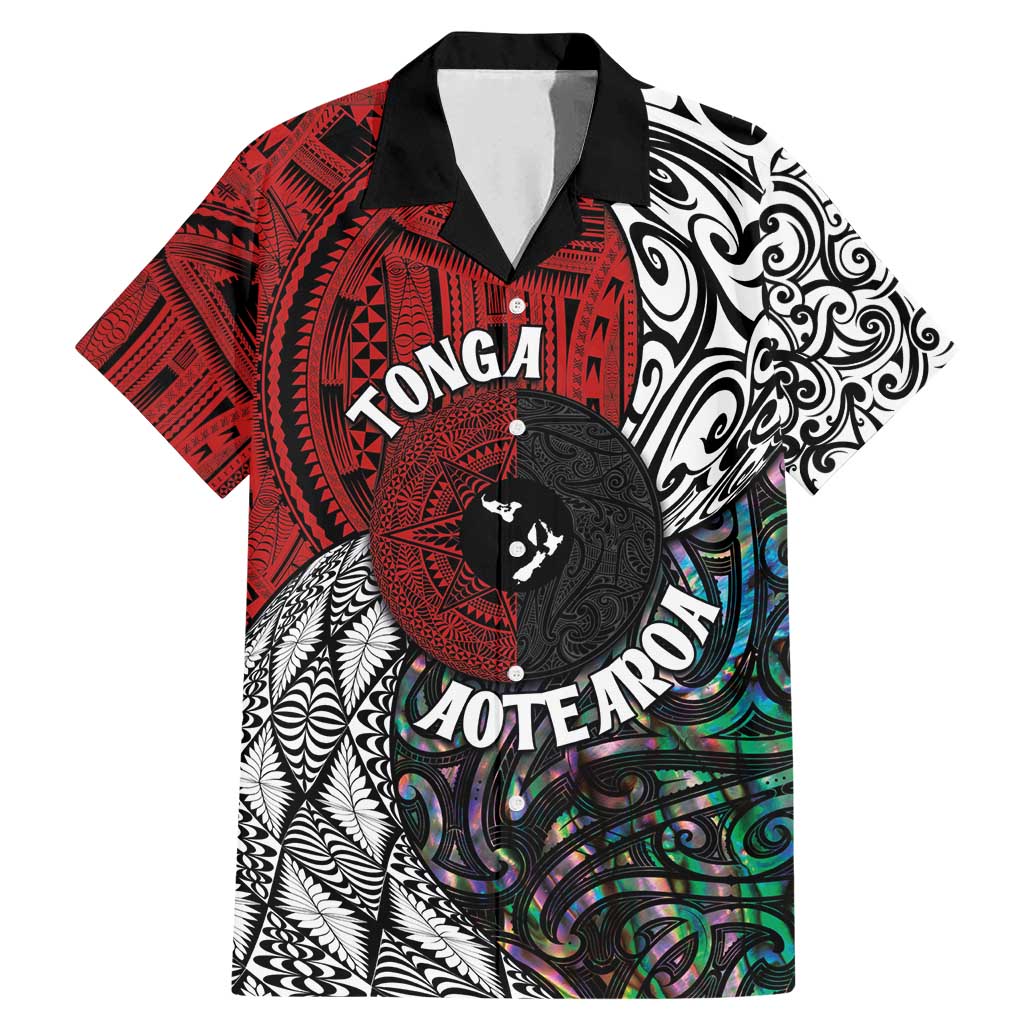Tonga and New Zealand Together Family Matching Mermaid Dress and Hawaiian Shirt Tongan Kupesi Ngatu Tattoo and Maori Paua Shell Pattern LT03 Dad's Shirt - Short Sleeve Black - Polynesian Pride