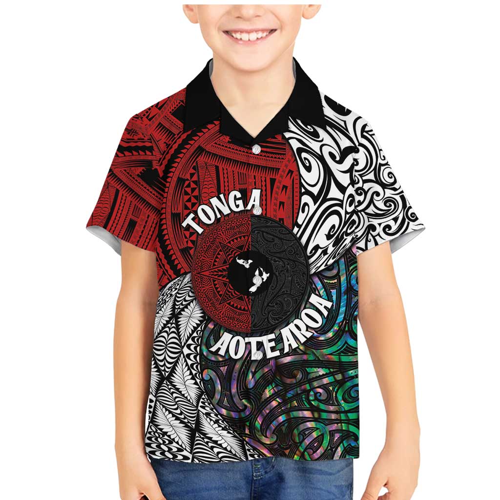 Tonga and New Zealand Together Family Matching Mermaid Dress and Hawaiian Shirt Tongan Kupesi Ngatu Tattoo and Maori Paua Shell Pattern LT03 Son's Shirt Black - Polynesian Pride