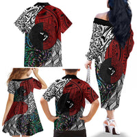 Tonga and New Zealand Together Family Matching Off The Shoulder Long Sleeve Dress and Hawaiian Shirt Tongan Kupesi Ngatu Tattoo and Maori Paua Shell Pattern LT03 - Polynesian Pride