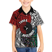 Tonga and New Zealand Together Family Matching Off The Shoulder Long Sleeve Dress and Hawaiian Shirt Tongan Kupesi Ngatu Tattoo and Maori Paua Shell Pattern LT03 Son's Shirt Black - Polynesian Pride