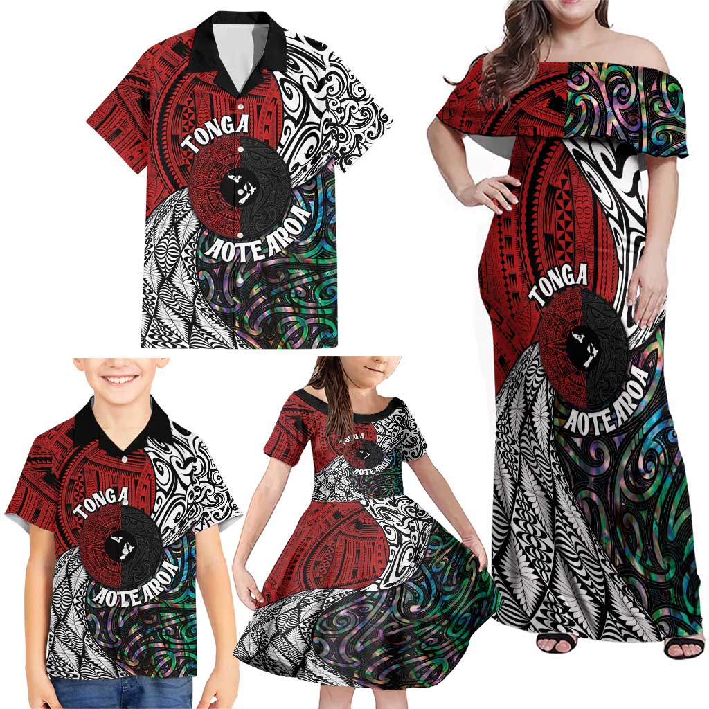 Tonga and New Zealand Together Family Matching Off Shoulder Maxi Dress and Hawaiian Shirt Tongan Kupesi Ngatu Tattoo and Maori Paua Shell Pattern LT03 - Polynesian Pride