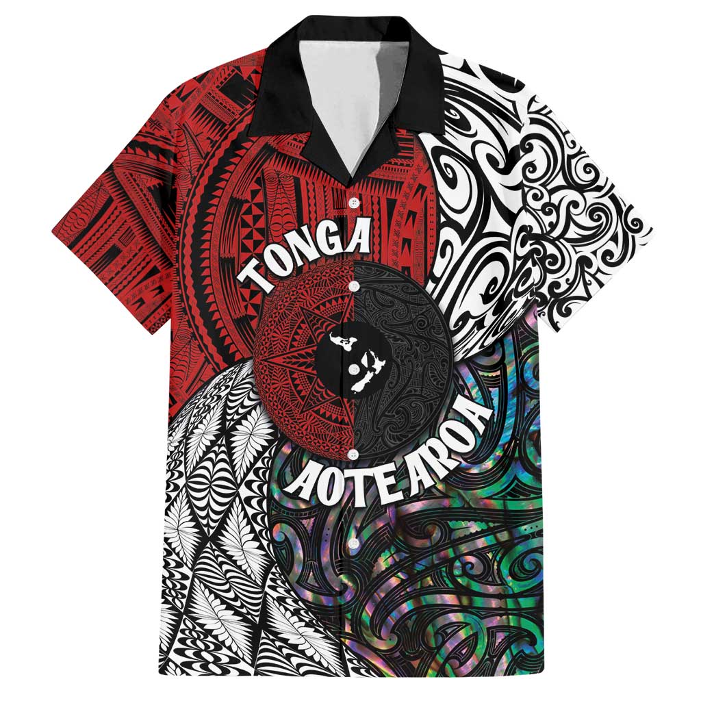 Tonga and New Zealand Together Family Matching Off Shoulder Maxi Dress and Hawaiian Shirt Tongan Kupesi Ngatu Tattoo and Maori Paua Shell Pattern LT03 Dad's Shirt - Short Sleeve Black - Polynesian Pride