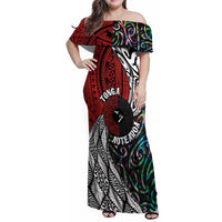 Tonga and New Zealand Together Family Matching Off Shoulder Maxi Dress and Hawaiian Shirt Tongan Kupesi Ngatu Tattoo and Maori Paua Shell Pattern LT03 Mom's Dress Black - Polynesian Pride