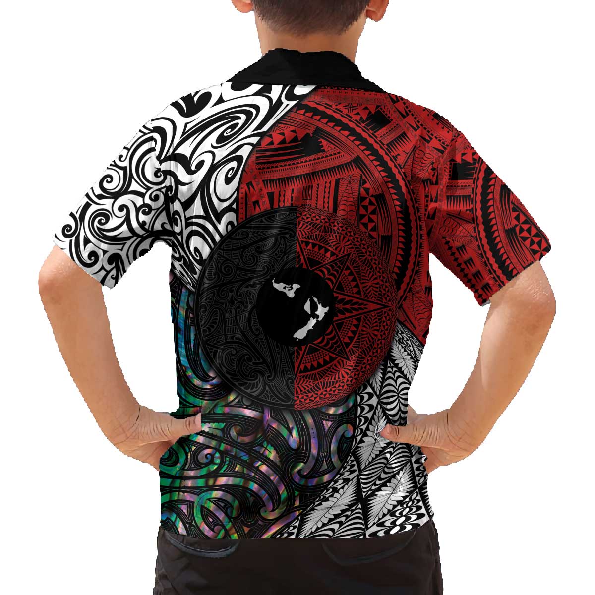 Tonga and New Zealand Together Family Matching Off Shoulder Short Dress and Hawaiian Shirt Tongan Kupesi Ngatu Tattoo and Maori Paua Shell Pattern LT03 - Polynesian Pride