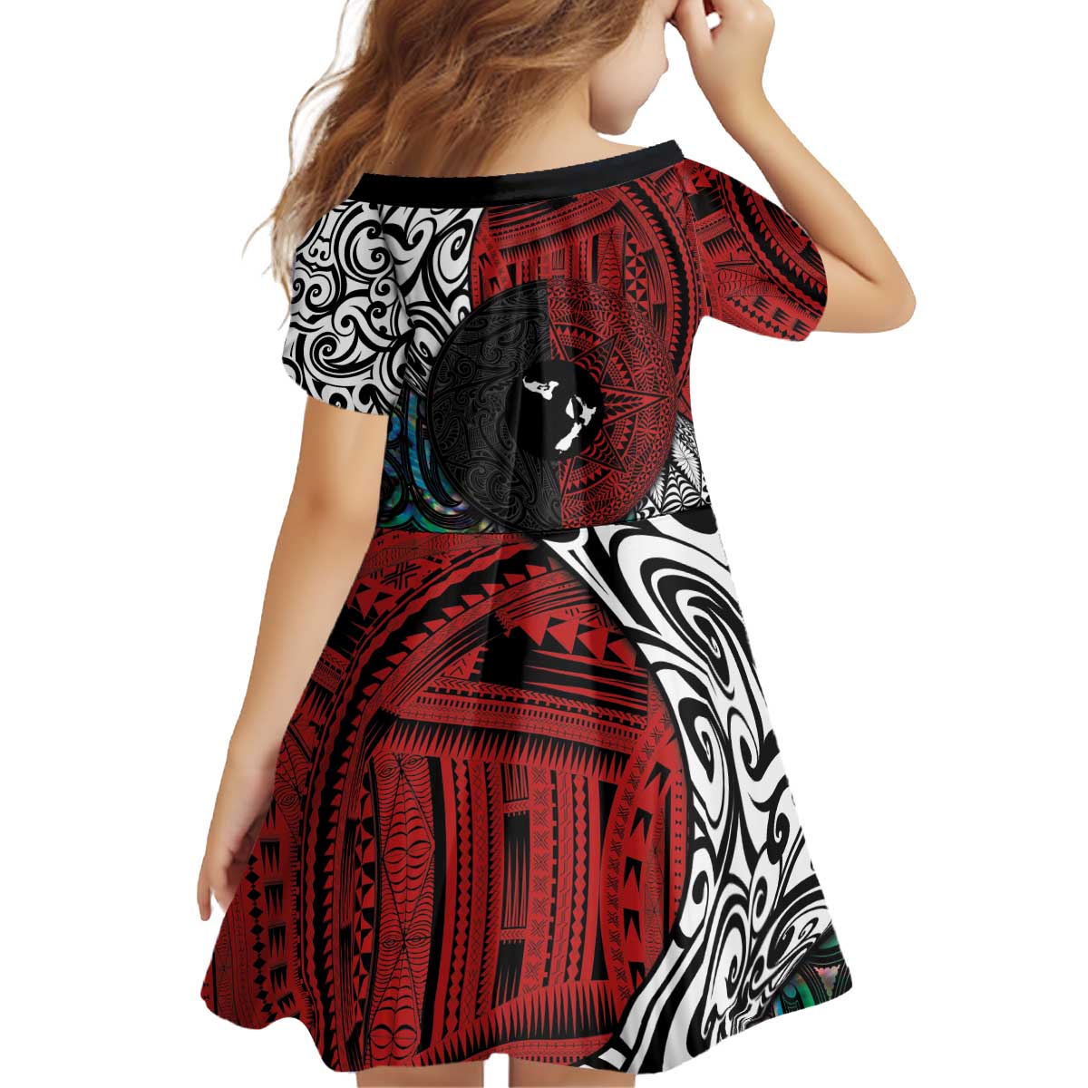 Tonga and New Zealand Together Family Matching Off Shoulder Short Dress and Hawaiian Shirt Tongan Kupesi Ngatu Tattoo and Maori Paua Shell Pattern LT03 - Polynesian Pride