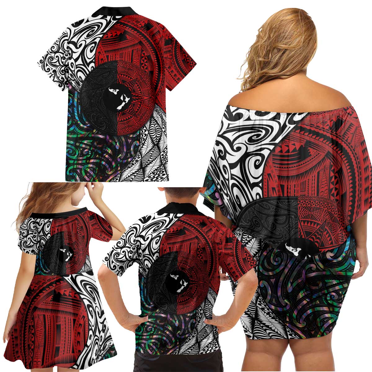 Tonga and New Zealand Together Family Matching Off Shoulder Short Dress and Hawaiian Shirt Tongan Kupesi Ngatu Tattoo and Maori Paua Shell Pattern LT03 - Polynesian Pride