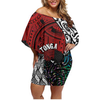 Tonga and New Zealand Together Family Matching Off Shoulder Short Dress and Hawaiian Shirt Tongan Kupesi Ngatu Tattoo and Maori Paua Shell Pattern LT03 Mom's Dress Black - Polynesian Pride