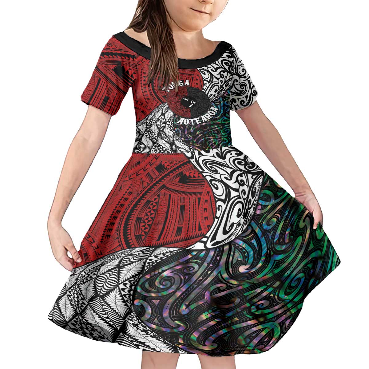 Tonga and New Zealand Together Family Matching Puletasi and Hawaiian Shirt Tongan Kupesi Ngatu Tattoo and Maori Paua Shell Pattern LT03 Daughter's Dress Black - Polynesian Pride