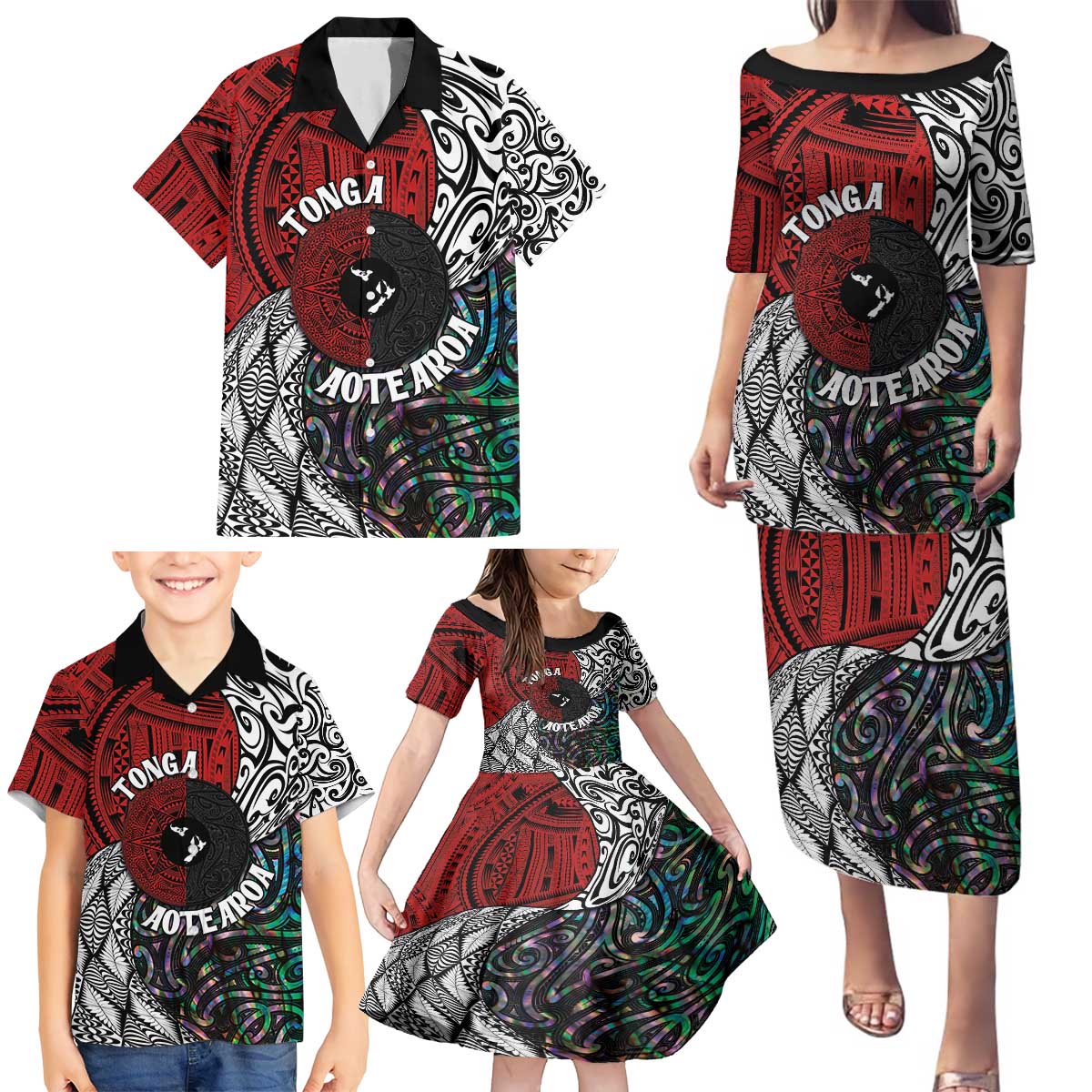 Tonga and New Zealand Together Family Matching Puletasi and Hawaiian Shirt Tongan Kupesi Ngatu Tattoo and Maori Paua Shell Pattern LT03 - Polynesian Pride