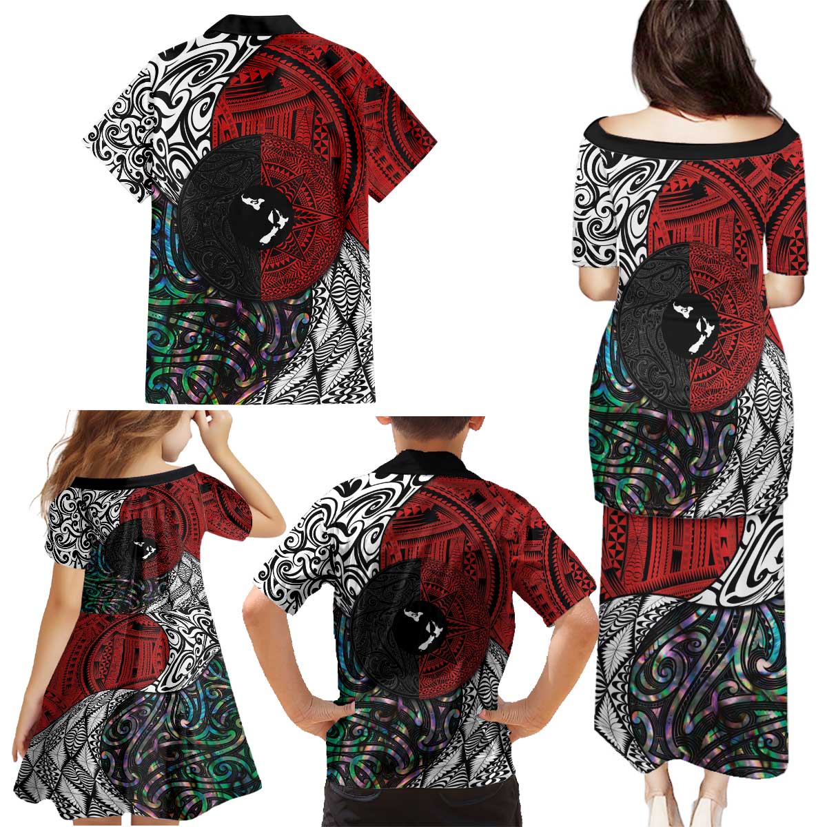 Tonga and New Zealand Together Family Matching Puletasi and Hawaiian Shirt Tongan Kupesi Ngatu Tattoo and Maori Paua Shell Pattern LT03 - Polynesian Pride