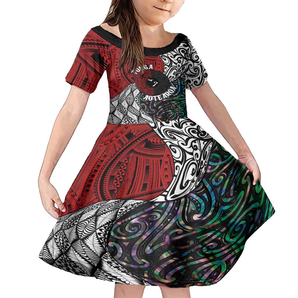 Tonga and New Zealand Together Family Matching Summer Maxi Dress and Hawaiian Shirt Tongan Kupesi Ngatu Tattoo and Maori Paua Shell Pattern LT03 Daughter's Dress Black - Polynesian Pride
