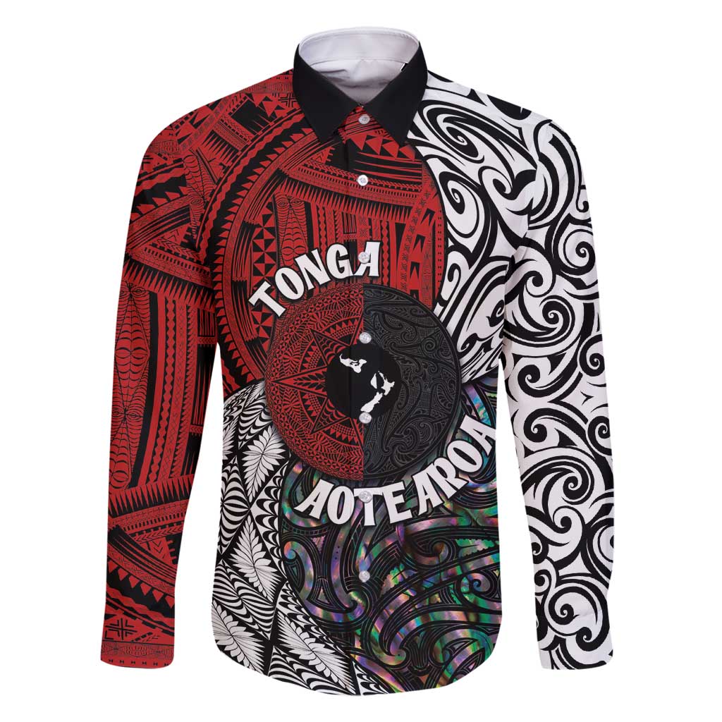 Tonga and New Zealand Together Family Matching Summer Maxi Dress and Hawaiian Shirt Tongan Kupesi Ngatu Tattoo and Maori Paua Shell Pattern LT03 Dad's Shirt - Long Sleeve Black - Polynesian Pride