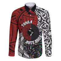 Tonga and New Zealand Together Family Matching Summer Maxi Dress and Hawaiian Shirt Tongan Kupesi Ngatu Tattoo and Maori Paua Shell Pattern LT03 Dad's Shirt - Long Sleeve Black - Polynesian Pride