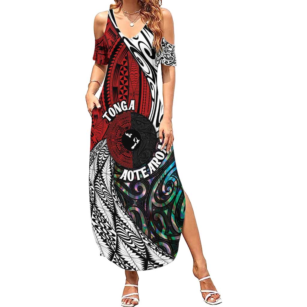 Tonga and New Zealand Together Family Matching Summer Maxi Dress and Hawaiian Shirt Tongan Kupesi Ngatu Tattoo and Maori Paua Shell Pattern LT03 Mom's Dress Black - Polynesian Pride