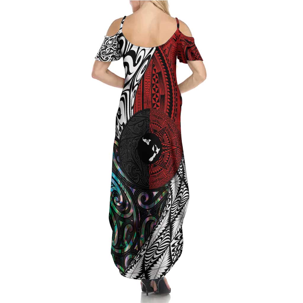 Tonga and New Zealand Together Family Matching Summer Maxi Dress and Hawaiian Shirt Tongan Kupesi Ngatu Tattoo and Maori Paua Shell Pattern LT03 - Polynesian Pride