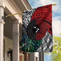 Tonga and New Zealand Together Garden Flag Tongan Kupesi Ngatu Tattoo and Maori Paua Shell Pattern LT03 House Flag Black - Polynesian Pride