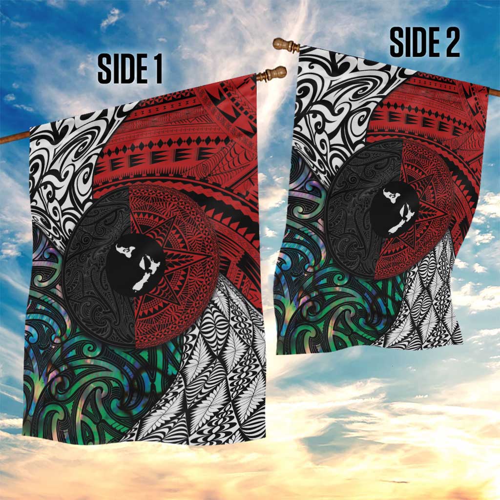 Tonga and New Zealand Together Garden Flag Tongan Kupesi Ngatu Tattoo and Maori Paua Shell Pattern LT03 - Polynesian Pride