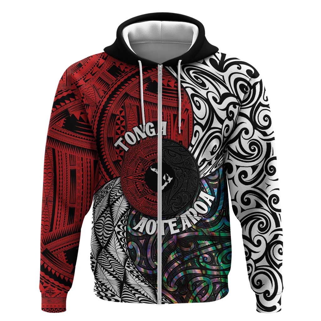 Tonga and New Zealand Together Hoodie Tongan Kupesi Ngatu Tattoo and Maori Paua Shell Pattern LT03 Zip Hoodie Black - Polynesian Pride