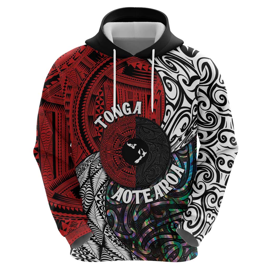 Tonga and New Zealand Together Hoodie Tongan Kupesi Ngatu Tattoo and Maori Paua Shell Pattern LT03 - Polynesian Pride