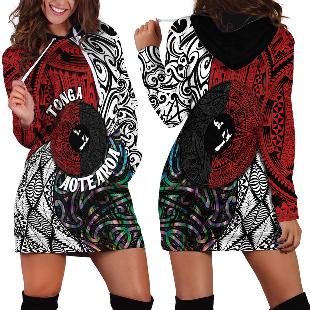 Tonga and New Zealand Together Hoodie Dress Tongan Kupesi Ngatu Tattoo and Maori Paua Shell Pattern LT03 - Polynesian Pride