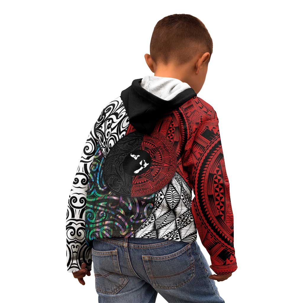 Tonga and New Zealand Together Kid Hoodie Tongan Kupesi Ngatu Tattoo and Maori Paua Shell Pattern LT03 - Polynesian Pride
