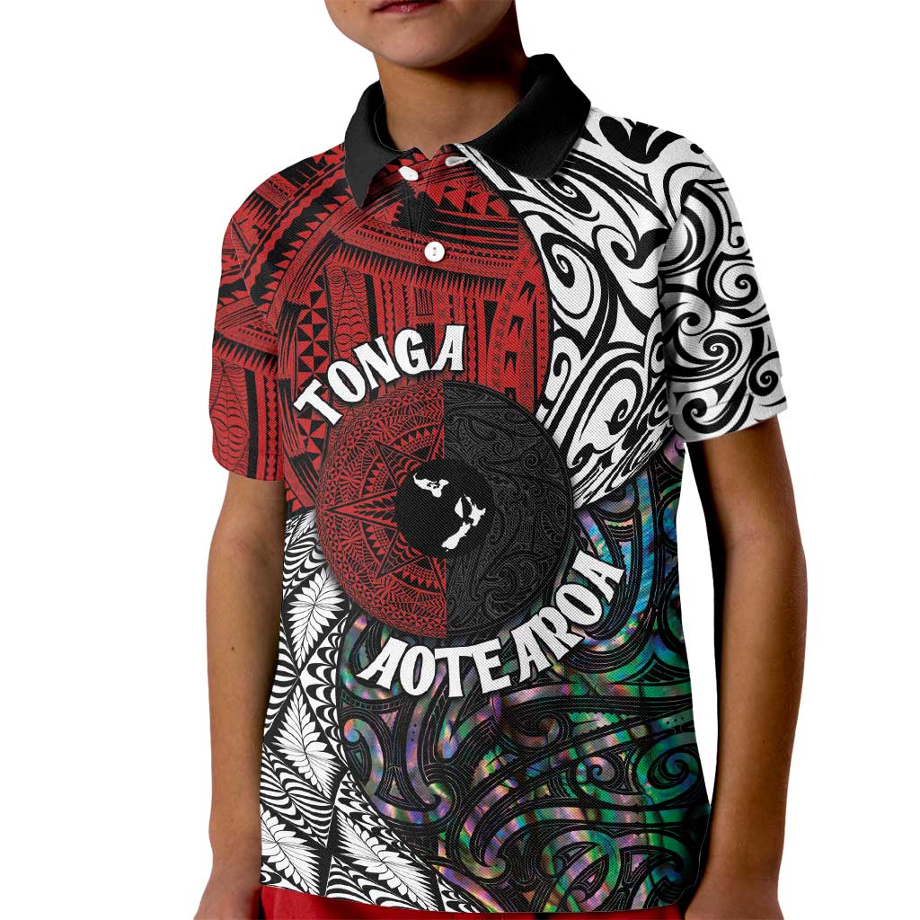 Tonga and New Zealand Together Kids Polo Shirt - Tongan Kupesi Ngatu Tattoo and Maori Paua Shell Pattern LT03 Kid Black - Polynesian Pride