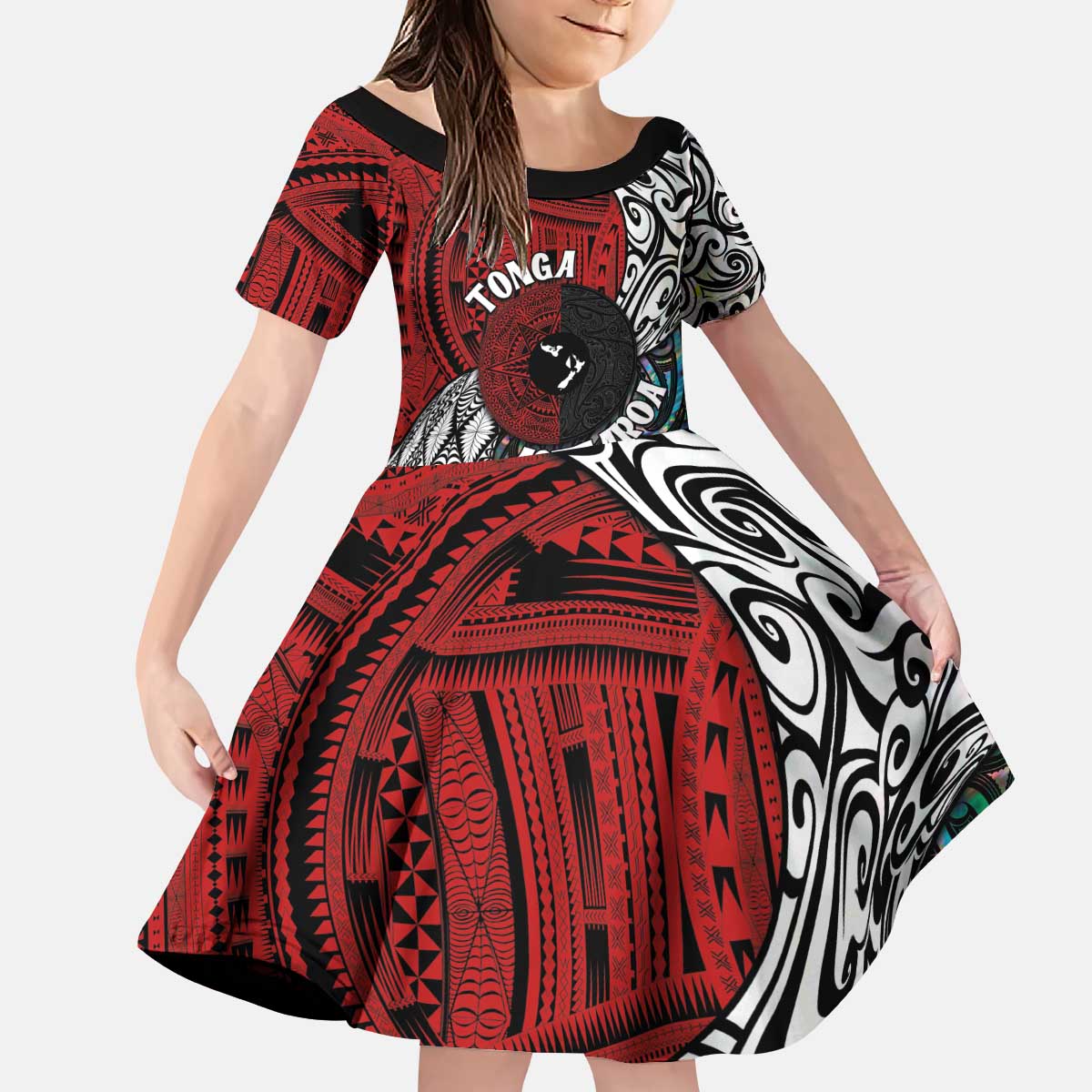 Tonga and New Zealand Together Kid Short Sleeve Dress Tongan Kupesi Ngatu Tattoo and Maori Paua Shell Pattern LT03 KID Black - Polynesian Pride