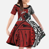 Tonga and New Zealand Together Kid Short Sleeve Dress Tongan Kupesi Ngatu Tattoo and Maori Paua Shell Pattern LT03 KID Black - Polynesian Pride