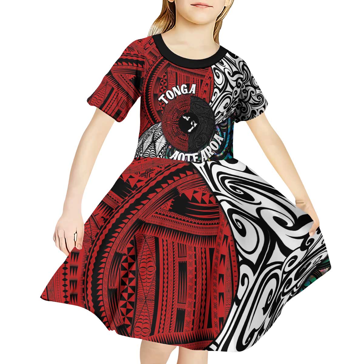 Tonga and New Zealand Together Kid Short Sleeve Dress Tongan Kupesi Ngatu Tattoo and Maori Paua Shell Pattern LT03 - Polynesian Pride