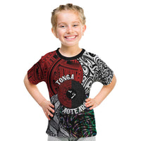 Tonga and New Zealand Together Kid T Shirt Tongan Kupesi Ngatu Tattoo and Maori Paua Shell Pattern LT03 Black - Polynesian Pride